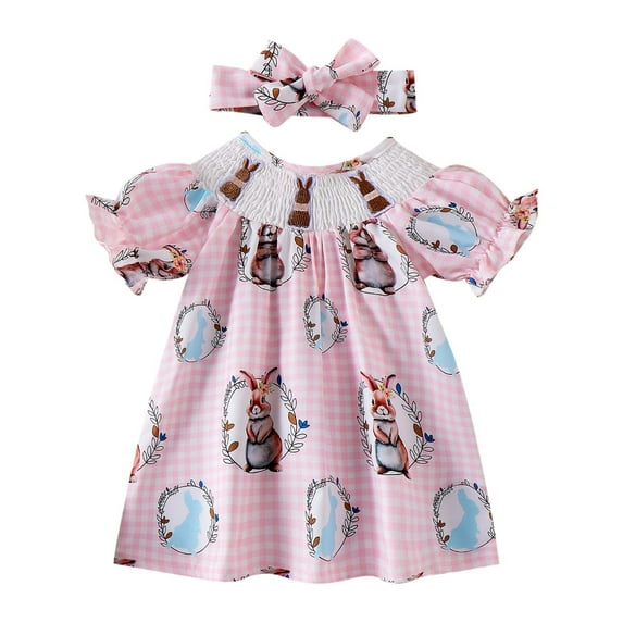 Tisuna Easter Summer Dress For Girls Baby Bunny Print Short Sleeve Crew Neck Dresses Breathable Soft Baby Girls Festival Playwear Dress With Headband Pink Size 2-3 Years