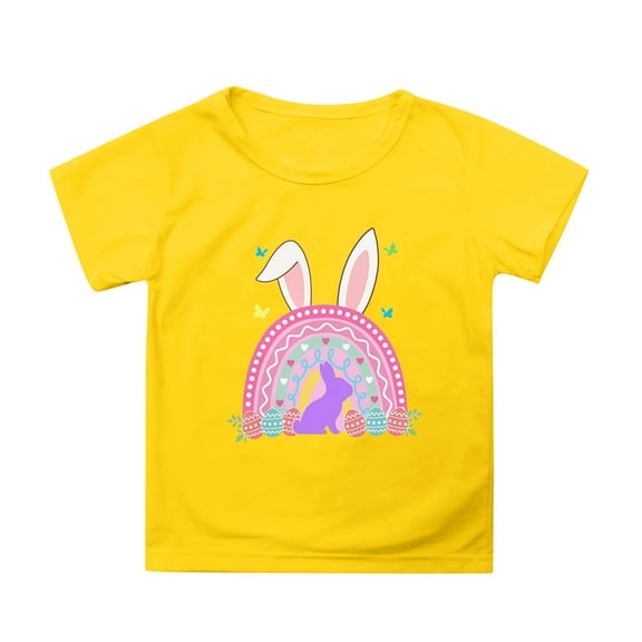 Tisuna Easter T-Shirts For Toddler Cartoon Print Short Sleeve Crew Neck Tops Breathable Leisure Spring Summer Kids Pullover Shirts Yellow Size 4-5 Years