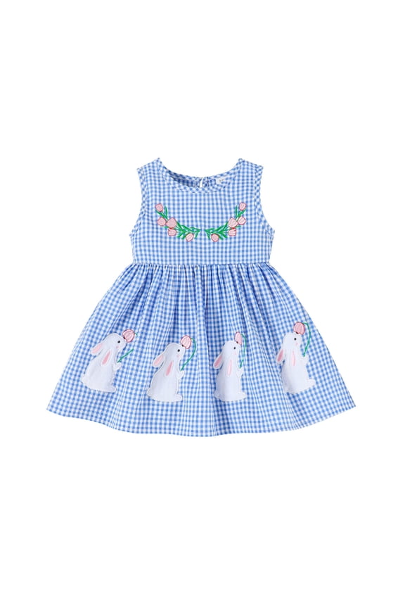 Easter Toddler Dress For Girls Plaid Bunny Print Sleeveless Crew Neck Dresses Fashion Breathable Girls Baby Party Dance Dress Blue Size 9-12 Months