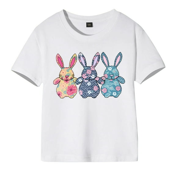 Tisuna Easter Tops For Girls Child Rabbit Print Short Sleeve Crew Neck Shirts Casual Cute Kids Summer Festival T Shirts Light Blue Size 18-24 Months