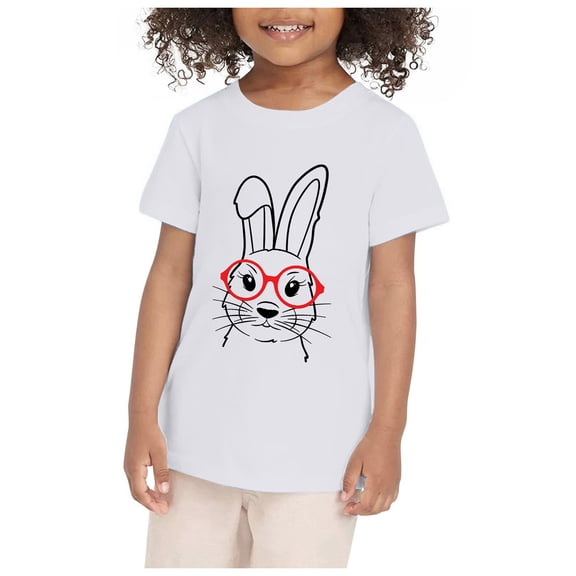 Tisuna Easter Tops For Kids Rabbit Print Short Sleeve Crew Neck Shirts Casual Soft Girls Boys Summer Festival Outfits White Size 5-6 Years
