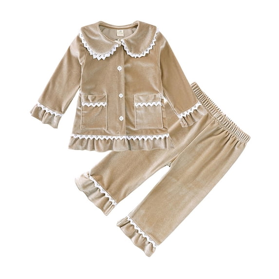 Tisuna Fall Pajamas Set For Girls Comfortable Long Sleeve Collar Tops And Pants Sleepwear Kids 2 Pieces Solid Color Homewear Set Size 9-12 Months