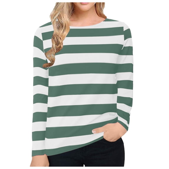 Tisuna Fall T-Shirts For Women Cozy Striped Print Crewneck Tops Ladies Go To Park Tshirts Size L