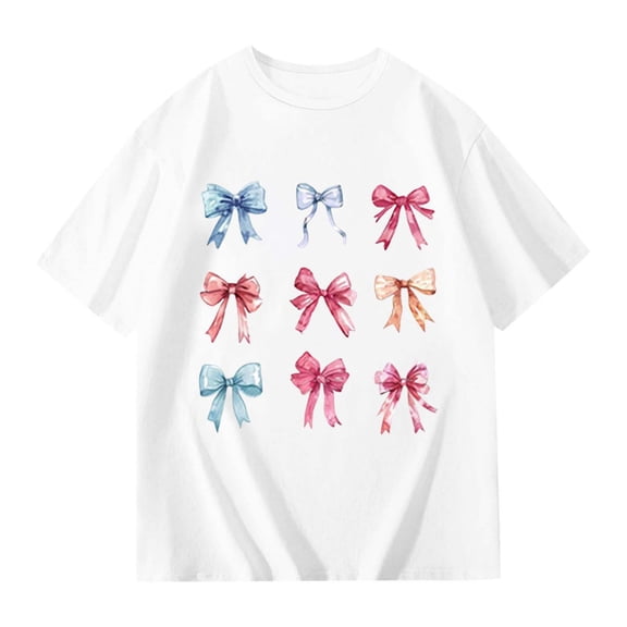 Tisuna Fashion Summer Shirt For Girls Child Bow Print Short Sleeve Crew Neck Tops Stylish Kids Loose Fit Summer Casual Daily Wear White Size 2-3 Years