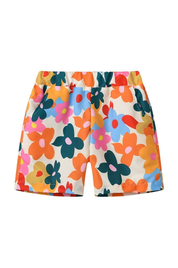 Fashion Swim Shorts For Toddler Boys Cartoon Floral Print Elastic Waist Straight Leg Shorty For Little Boys Summer Holiday Beach Comfort Fit Swimtrunks Beige Size 3-4 Years