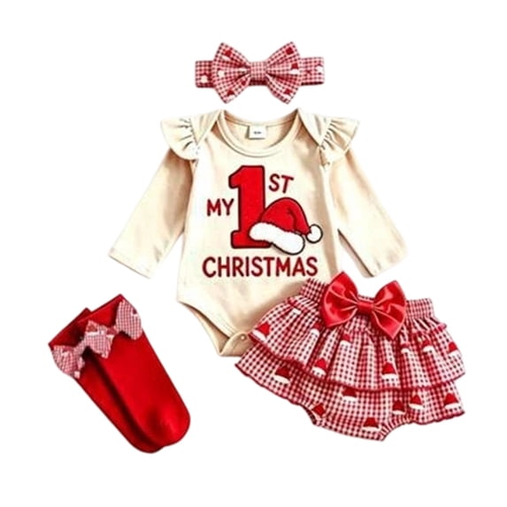 Tisuna My First Christmas Outfit Set For Girls Santa Letter Print Long Sleeve Romper And Skirt With Headband Set Soft Kids Age 0-18 Months Festive Party Fall Outfits