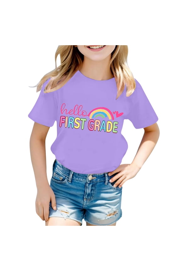 First Grade T Shirts For Girls Toddler Cartoon Print Short Sleeve Crew Neck Tops Casual Soft Little Girls First Day School Casual Shirts Size 6-7 Years Purple