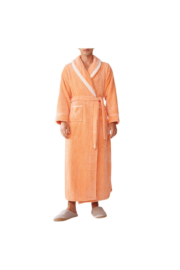 Flannel Thermal Bathrobe For Men Solid Color Long Sleeve Lapel Collar Front Tie Sleepwear Casual Warm Male Autumn Winter Nightwear Robe Orange Size Xl