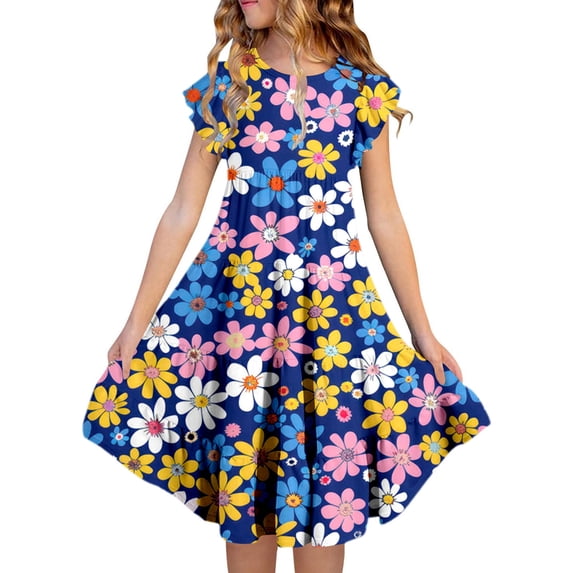 Tisuna Floral Print Summer Dress For Teen Girls Short Sleeve Crew Neck Fashion Dress Loose Fit Big Kids Holiday Beach Casual Dailywear Blue Size 12-13 Years