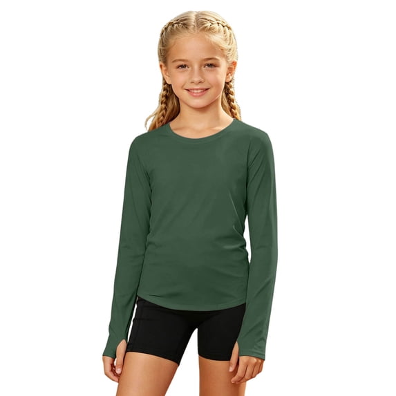 Tisuna Girl'S Classic Long Sleeve T Shirts Kids Sport Athletic Tops Crewneck Solid Color Tees Dark Green Size 4-5 Years