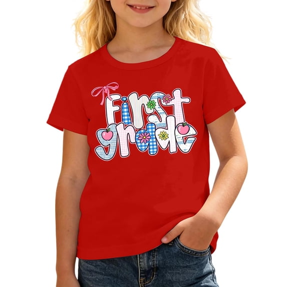 Tisuna Girl'S First Grade T Shirts Child Letter Print Short Sleeve Crew Neck Tops Comfortable Kids Back To School Tee Shirts Size 13-14 Years Red