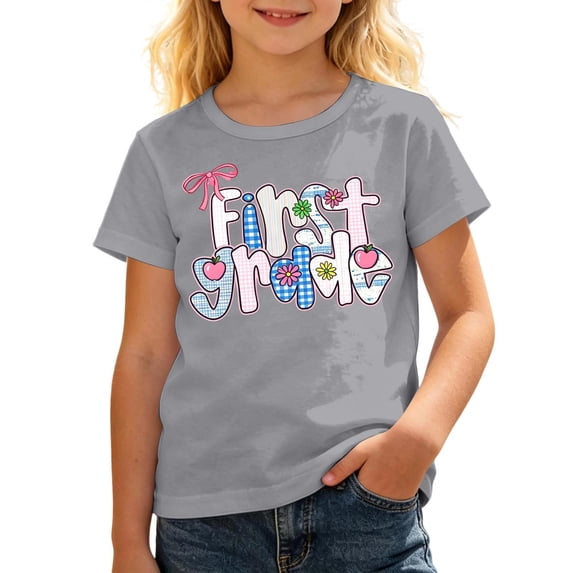 Tisuna Girl'S First Grade T Shirts Child Letter Print Short Sleeve Crew Neck Tops Comfortable Kids Back To School Tee Shirts Size 7-8 Years Grey