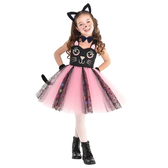 Tisuna Girl'S Halloween Dress Graphic Print Sleeveless Suspender Dresses With Headband, Tail Comfortable Girls Halloween Theme Party Dress Size 4-5 Years Pink
