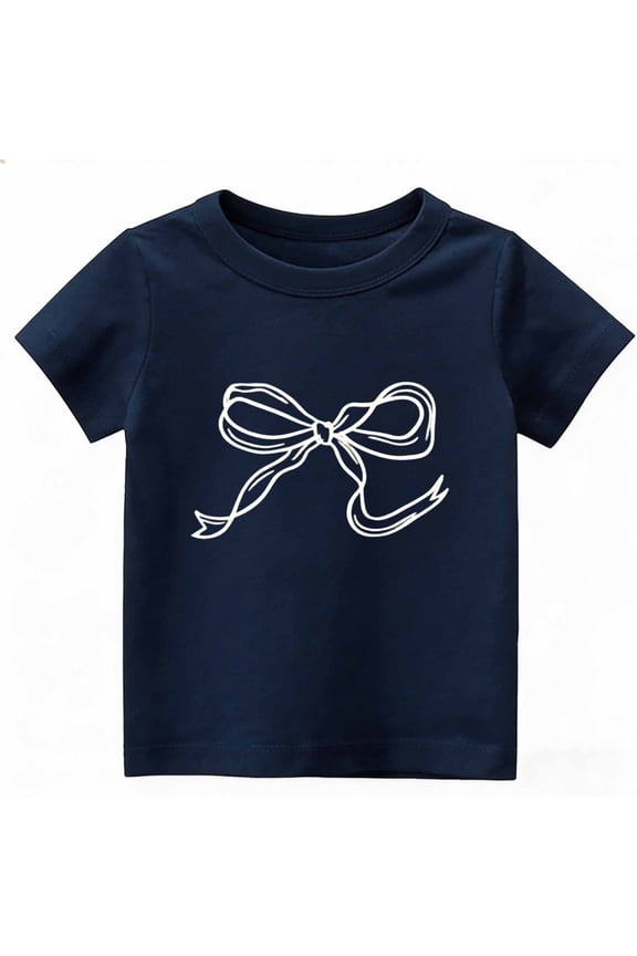 Girl'S Lightweight Short Sleeve Shirts Kids Summer Tops Crewneck Bow Print Tees Navy Size 9-10 Years