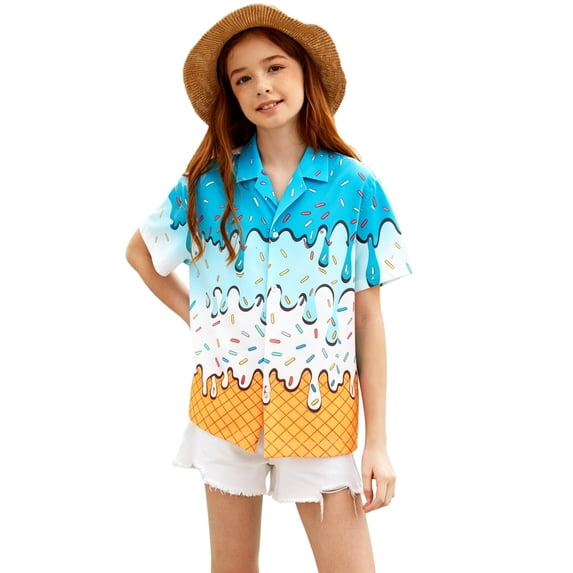 Tisuna Girl'S Summer Shirts Child Ice Cream Print Short Sleeve Lapel Collar Shirts Relax Fit Big Kids Casual Wear Button Front Tops Size 4-5 Years B
