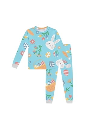 Girls 2 Pieces Pajamas Matching Set Child Cartoon Print Long Sleeve Crew Neck Sleepwear Casual Breathable Kids Spring Summer Easter Outfit Set Size 2-3 Years