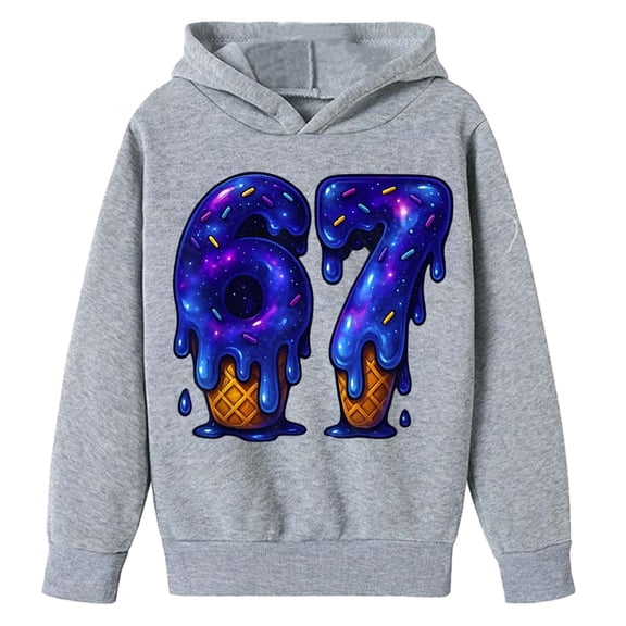 Tisuna Girls 67 Hoodie Child Letter Print Long Sleeve Hooded Tops Fashion Cute Children'S Fall Winter Casual Wear Grey Size 2-3 Years