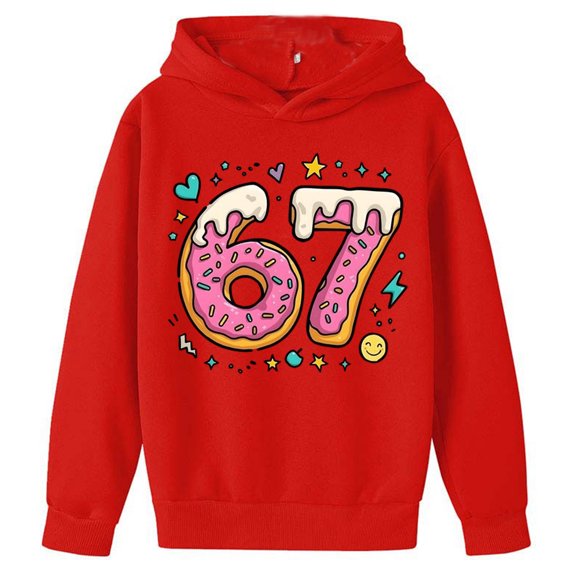 Tisuna Girls 67 Hoodie Child Letter Print Long Sleeve Hooded Tops Fashion Cute Children'S Fall Winter Casual Wear Watermelon Red Size 2-3 Years