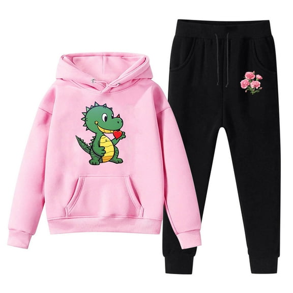Tisuna Girls Boys Outfit Set Child Dinosaur Print Long Sleeve Hoodie Elastic Waist Straight Leg Sweatpants Comfortable Leisure Kids Festival Clothes Set Pink Size 4-5 Years