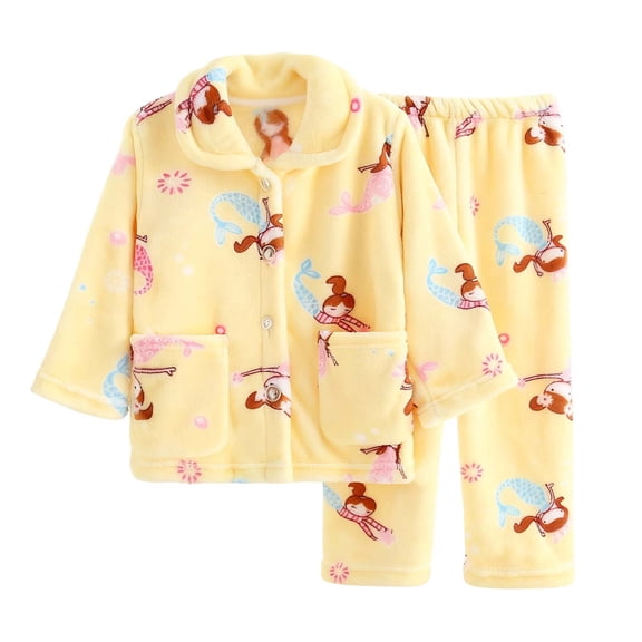 Tisuna Girls Boys Outfits Set Child Dinosaur Print Long Sleeve Lapel Neck Loungewear Fashion Casual Autumn Winter Kids Button Up Homewear Set Yellow Size 1-2 Years