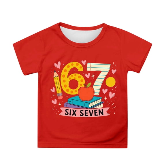 Tisuna Girls Boys Tops Child Cartoon 67 Print Short Sleeve Crew Neck Shirts Casual Comfortable Summer Kids Pullover Outfits Red Size 12-13 Years