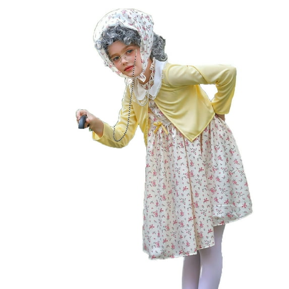 Tisuna Girls Carnival Dress Up Clothes Floral Print Pinafore Dress And Solid Color Cardigan Set Lovely Soft Girls Festival Dress Up Old Lady Outfits With Headscarf Yellow