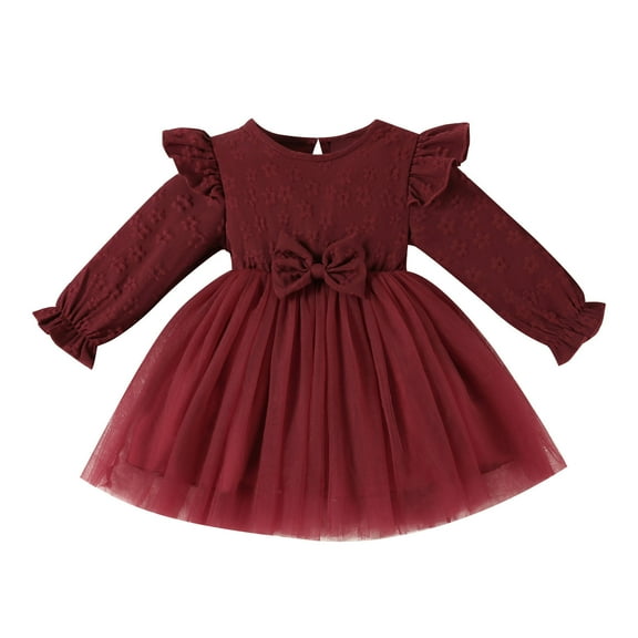 Tisuna Girls Dresses Infant Solid Color Long Sleeve Crew Neck Dress Casual Soft Girls Autumn Dress Red Size 3-6 Months