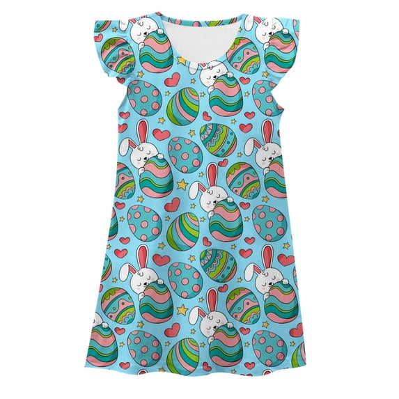 Tisuna Girls Easter Dress Child Cartoon Print Ruffled Sleeve Crew Neck Dresses Cute Breathable Little Girls Festival Summer Dress Light Blue Size 5-6 Years