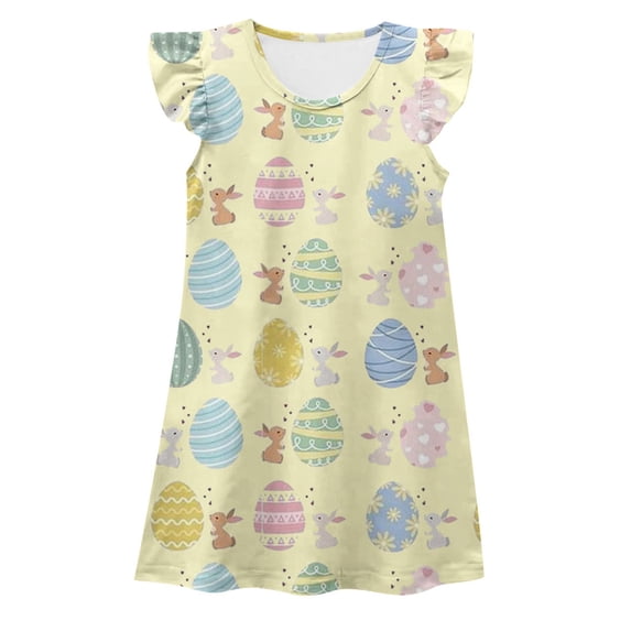 Tisuna Girls Easter Dress Child Cartoon Print Ruffled Sleeve Crew Neck Dresses Cute Breathable Little Girls Festival Summer Dress Light Yellow Size 4-5 Years