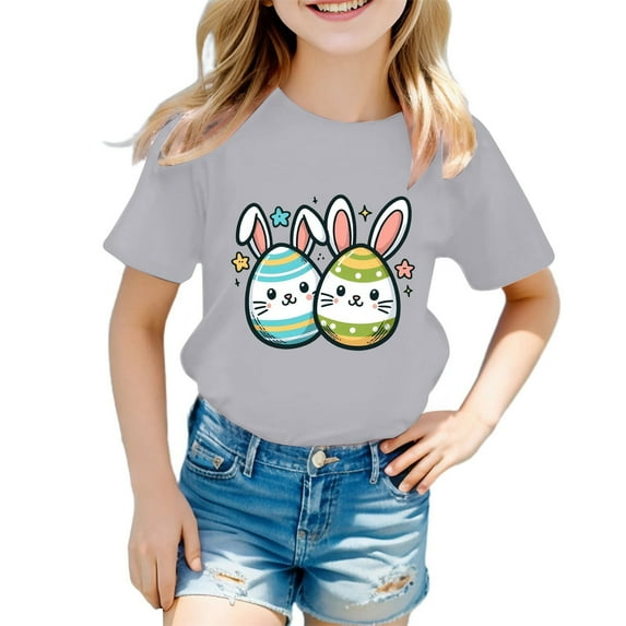 Tisuna Girls Easter Shirts Toddler Cartoon Print Short Sleeve Crew Neck Tops Fashion Loose Kids Summer Outfits Grey Size 4-5 Years
