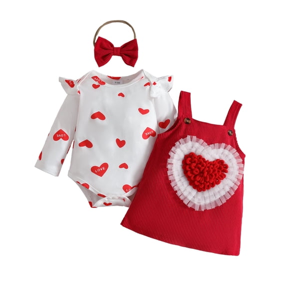 Tisuna Girls Fall Outfit Set Kids Comfortable Long Sleeve Crew Neck Heart Print Romper And Suspender Dress Headband Outfits Children'S 3 Pieces Casual Wear Clothes Set Size 9-12 Months