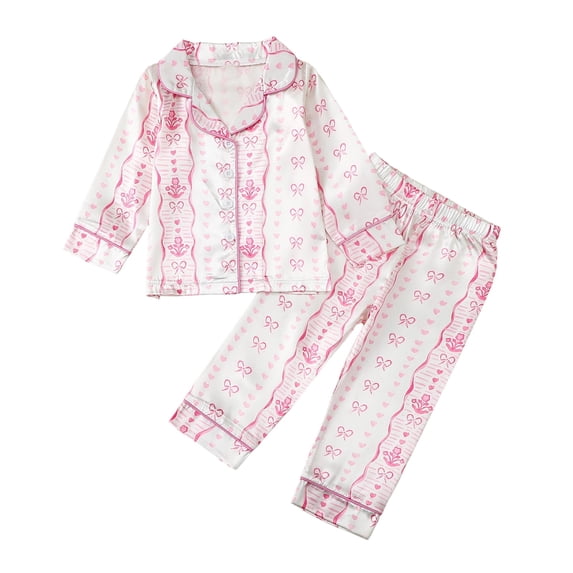 Tisuna Girls Fall Pajamas Set Kids Comfortable Long Sleeve Lapel Collar Bowknot Print Tops And Pants Sleepwear Children'S 2 Pieces Nightwear Clothes Set Size 5-6 Years