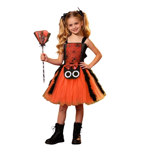 Tisuna Girls Halloween Dress Graphic Print Sleeveless Suspender Dresses With Accessories Fashion Girls Halloween Theme Party Mesh Dress Size 2-3 Years Orange
