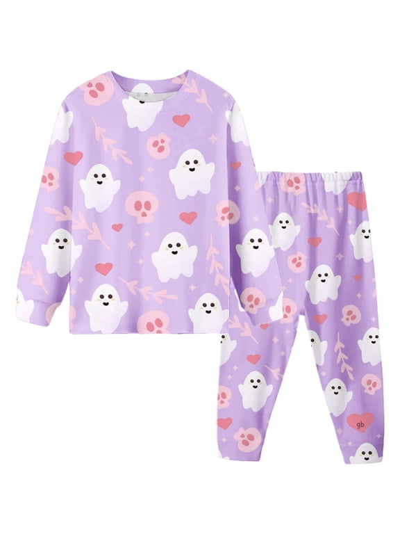 Girls Halloween Pajamas Set Kids Fashion Ghost Print Long Sleeve Crewneck Tops And Pants Sleepwear Toddler And Teens Children Festival Party Pjs Loungewear Set Size 4-5 Years Purple