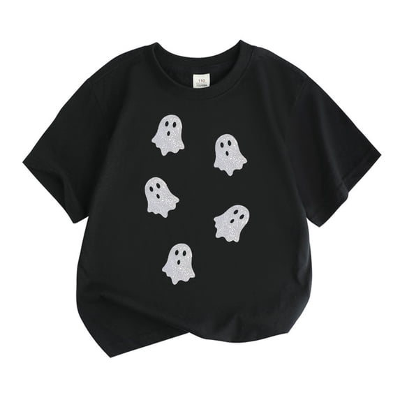 Tisuna Girls Halloween T Shirts Kids Ghost Print Short Sleeve Crewneck Tops Girls Halloween Cozy Tees Shirts Size 4-5 Years Black
