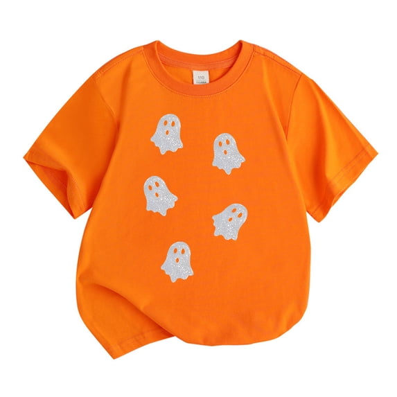 Tisuna Girls Halloween T Shirts Kids Ghost Print Short Sleeve Crewneck Tops Girls Halloween Cozy Tees Shirts Size 6-7 Years Orange