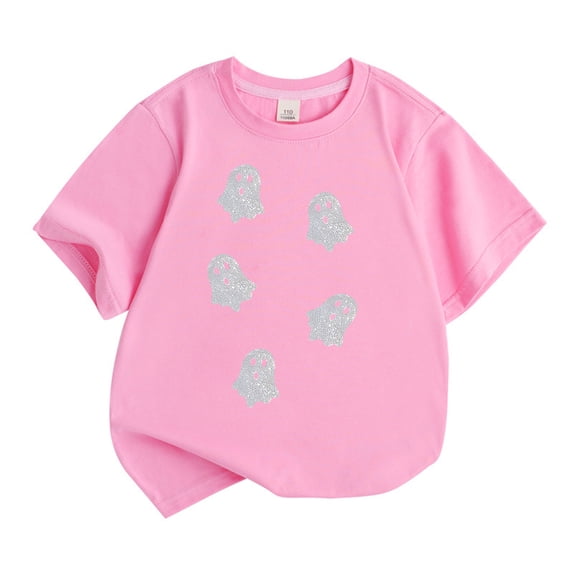 Tisuna Girls Halloween T Shirts Kids Ghost Print Short Sleeve Crewneck Tops Girls Halloween Cozy Tees Shirts Size 8-9 Years Pink