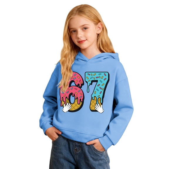 Tisuna Girls Hoodie Child 67 Print Long Sleeve Hooded Tops Breathable Soft Kids Spring Autumn Pullover 67 Sweatshirt Size 3-4 Years Sky Blue