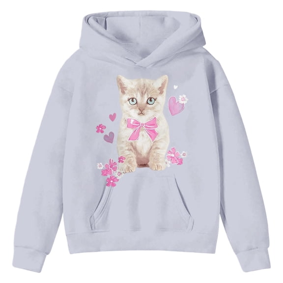 Tisuna Girls Hoodie Child Cartoon Print Long Sleeve Hooded Tops Breathable Soft Kids Fall Winter Festival Casual Daily Wear Light Gray Size 3-4 Years