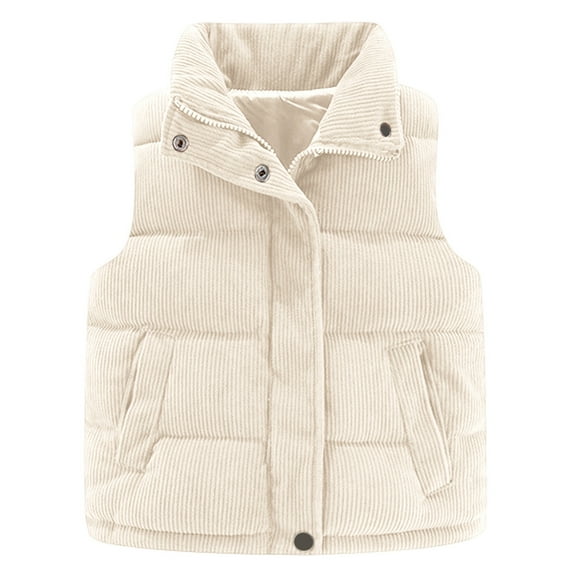 Tisuna Girls Jacket Child Solid Color Sleeveless Stand Collar Coat Comfortable Soft Autumn Winter Girls Zipper Outerwear White Size 1-2 Years