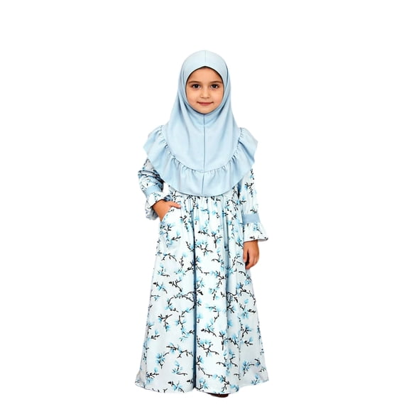 Tisuna Girls Outfit Set Toddler Floral Print Long Sleeve Dresses Solid Color Headscarf Comfortable Loose Girls Festival 2-Pieces Clothes Set Blue Size 3-4 Years