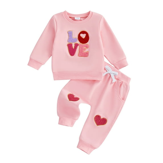 Tisuna Girls Outfits Set Infant Letter Print Long Sleeve Sweatshirt And Heart Print Jogger Sweatpants Casual Comfortable Kids Fall 2-Pieces Clothes Set Pink Size 6-12 Months