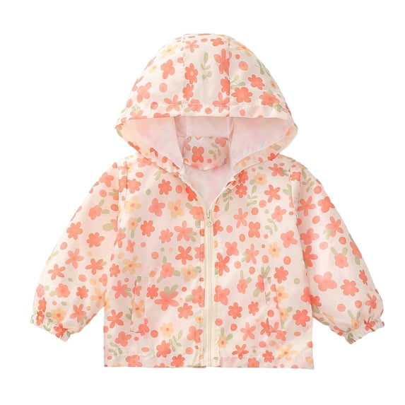 Tisuna Girls Rain Jacket Lightweight Zip Up Hooded Jackets Graphic Print Everyday Wear Windbreaker For Child Age 12 Months-5 Years Beige