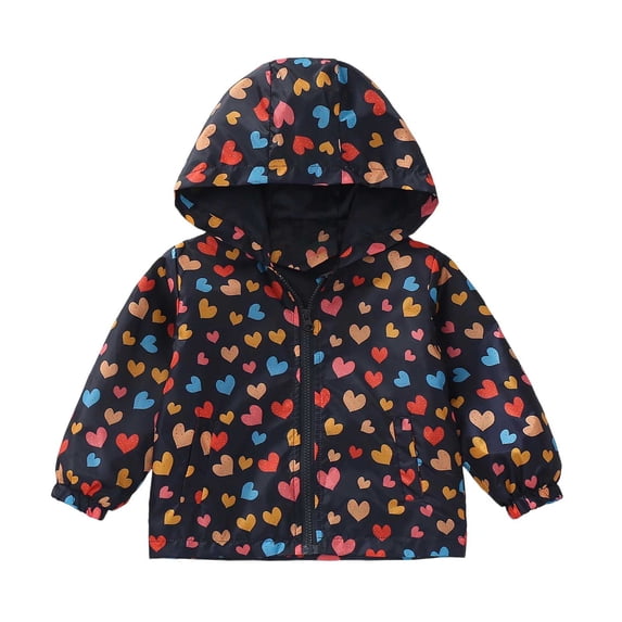 Tisuna Girls Rain Jacket Lightweight Zip Up Hooded Jackets Graphic Print Everyday Wear Windbreaker For Child Age 12 Months-5 Years Black