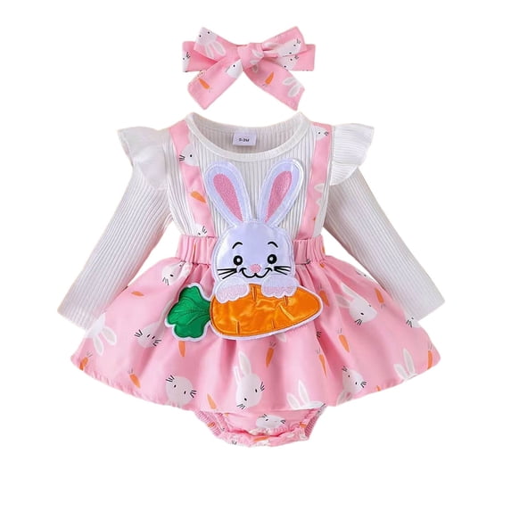 Tisuna Girls Romper Dress Newborn Rabbit Print Long Sleeve Crew Neck Bodysuit Cute Lightweight Spring Summer Girls Easter Outfits With Headband Size 6-12 Months