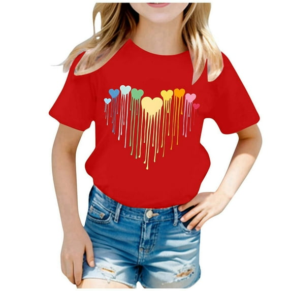 Tisuna Girls Shirts Child Heart Print Short Sleeve Crew Neck Tops Beauty Casual Summer Kids Daily Wear Red Size 12-14 Years