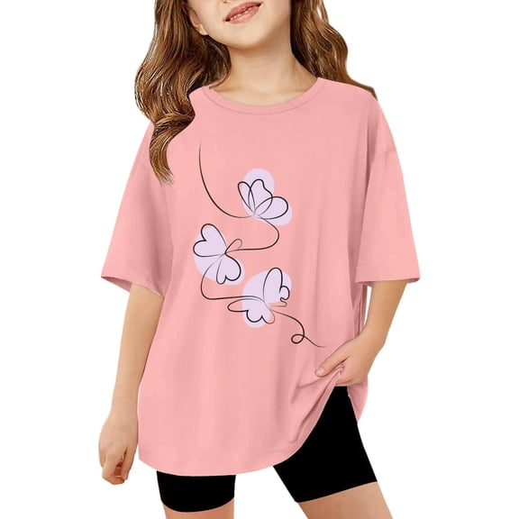 Tisuna Girls Shirts Toddler Summer Cartoon Print Short Sleeve Crew Neck Tops Breathable Loose Teen Girls Summer Party Playwear Outfits Size 10-11 Years Light Pink