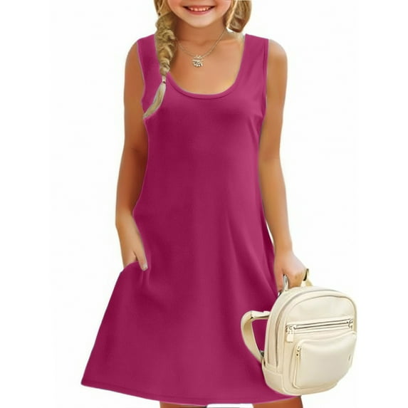 Tisuna Girls Solid Color Vest Dress Child Sleeveless Suspender Summer Dresses Breathable Soft Little Girls Casual Dailywear Pink Size 7-8 Years