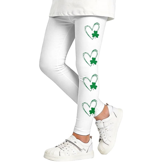 Tisuna Girls St Patricks Day Leggings Child Cartoon Print Elastic Waist Tight Leg Yoga Pants Fashion Stretchy Little Girls Play Holiday Festive Outfits White Size 4-5 Years