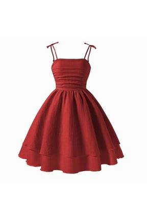 Girls Summer Dress Child Solid Color Sleeveless Suspender Dresses Elegant Soft Girls Holiday Performance Modern Fit Midi Dance Dress Red Size 12 Years